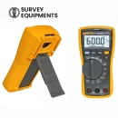 Electrician using Fluke 117C multimeter to measure AC voltage in electrical panel safely