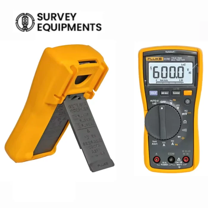 Electrician using Fluke 117C multimeter to measure AC voltage in electrical panel safely