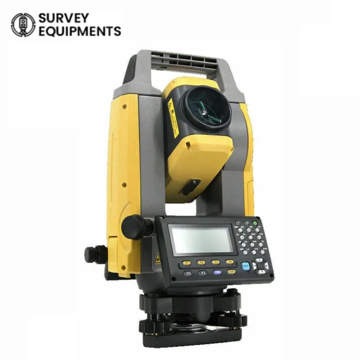 Surveyor using Topcon GM52 total station for site layout with 0.9-second fast distance measurement, 50,000-point memory, and Bluetooth connectivity