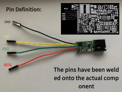 M01 laser ranging sensor module pin wiring diagram showing GND, TXD, RXD and power leads for UART connection