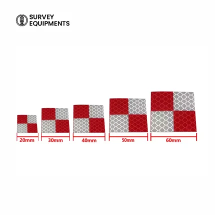 Size comparison chart of red and white checkered total station reflector sheets from 20mm to 60mm
