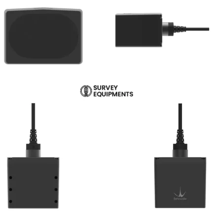 TF03-100 LiDAR sensor multiple views front lens, side cable, mounting holes and Benewake logo