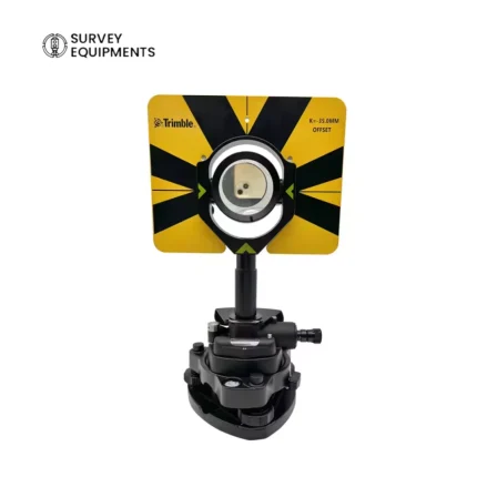 Trimble-compatible single prism and tribrach adapter set assembled on a surveying mount, showing the K=-35mm offset 360° yellow target prism on the black tribrach