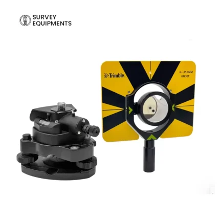 Front view of Trimble-compatible single prism and tribrach adapter set showing the K=-35mm offset yellow 360° target prism mounted on the black three-screw tribrach